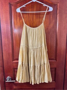 lalavon yellow Tiered Mini Dress with Spaghetti Straps